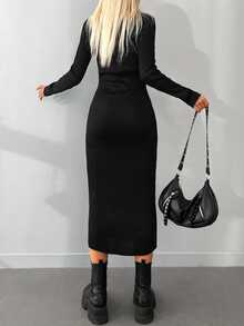 EURMUSE Turtleneck Ribbed Knit Jumper Dress - Black - View 3