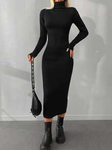 EURMUSE Turtleneck Ribbed Knit Jumper Dress - Black - View 6
