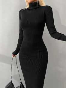 EURMUSE Turtleneck Ribbed Knit Jumper Dress - Black - View 7