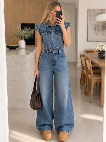 EURMUSE 100 Cotton Women Light Blue Fashionable Casual Overall Button Front Streetwear Detail Everyday Work Travel Summer