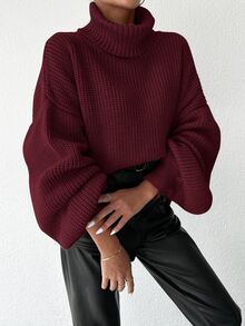 EURMUSE Women's Solid Color High Neck Drop Shoulder Long Sleeve Loose Casual Sweater, Autumn/Winter - Burgundy - View 5
