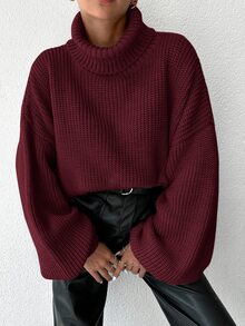 EURMUSE Women's Solid Color High Neck Drop Shoulder Long Sleeve Loose Casual Sweater, Autumn/Winter - Burgundy - View 7