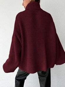 EURMUSE Women's Solid Color High Neck Drop Shoulder Long Sleeve Loose Casual Sweater, Autumn/Winter - Burgundy - View 3