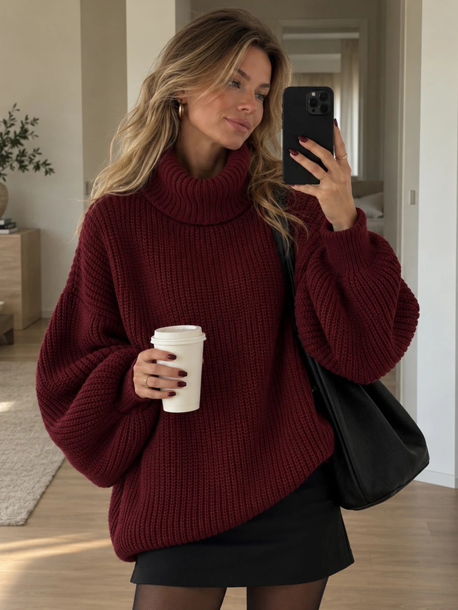 EURMUSE Women's Solid Color High Neck Drop Shoulder Long Sleeve Loose Casual Sweater, Autumn/Winter