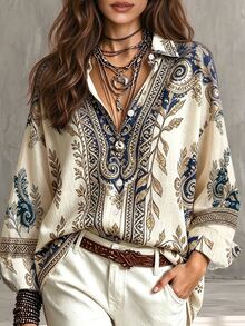 Glimmora Women's Summer Vintage Patchwork Pattern Print Shirt - Multicolor - View 5