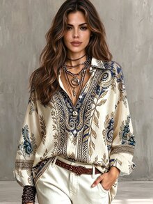 Glimmora Women's Summer Vintage Patchwork Pattern Print Shirt - Multicolor - View 1