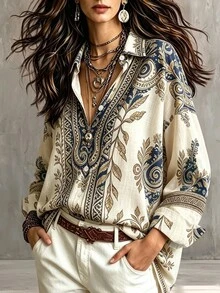 Glimmora Women's Summer Vintage Patchwork Pattern Print Shirt - Multicolor - View 3