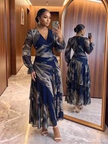 SHEIN Lady CURVE 大尺碼女款 V 領休閒優雅派對雞尾酒正式洋裝 秋季 - 彩色 - 查看 1