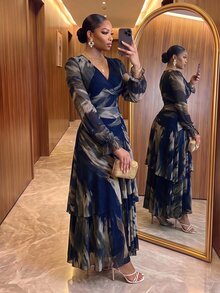 SHEIN Lady CURVE 大尺碼女款 V 領休閒優雅派對雞尾酒正式洋裝 秋季 - 彩色 - 查看 2