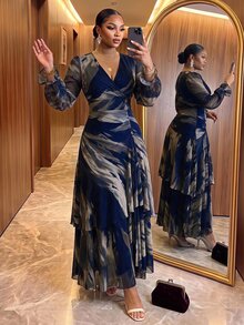SHEIN Lady CURVE 大尺碼女款 V 領休閒優雅派對雞尾酒正式洋裝 秋季 - 彩色 - 查看 3