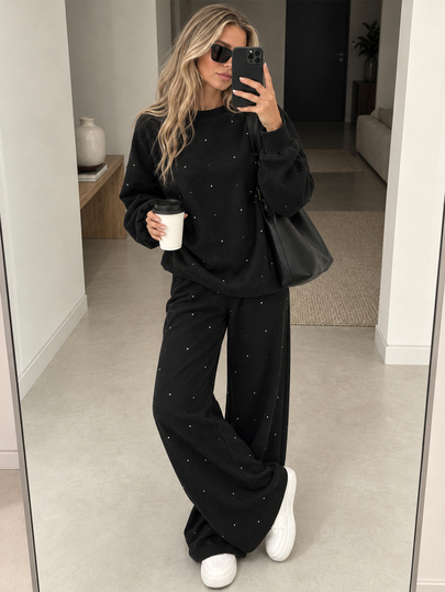 EURMUSE Set da casa da donna in due pezzi con perle applicate, felpa oversize e pantaloni a gamba larga, tuta comoda casual con tasche laterali, nero e argento