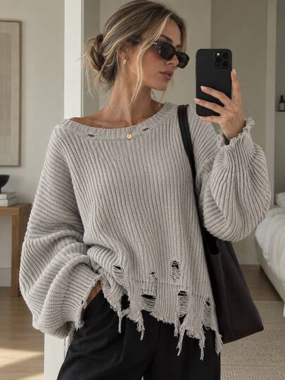 EURMUSE Women Casual Grunge Solid Color Distressed Pullover Sweater, Fall, Light Grey Jumper, Brunch