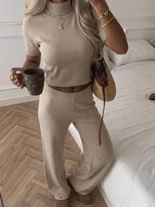 EURMUSE Solid Ribbed Mock Neck Short Sleeve Top Lounge Pants Co-Ord Set, Suitable For Autumn, Cute Minimalist Casual And Basic Chic Beige Brunch - Beige - View 1
