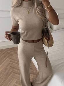 EURMUSE Solid Ribbed Mock Neck Short Sleeve Top Lounge Pants Co-Ord Set, Suitable For Autumn, Cute Minimalist Casual And Basic Chic Beige Brunch - Beige - View 3
