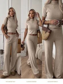 EURMUSE Solid Ribbed Mock Neck Short Sleeve Top Lounge Pants Co-Ord Set, Suitable For Autumn, Cute Minimalist Casual And Basic Chic Beige Brunch - Beige - View 5