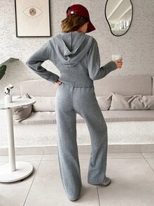 EURMUSE Ivory Panda Pattern Knit Sweater & Wide Leg Pants Co-Ord Set – Cute Minimal Graphic Detail, Relaxed Fit Cozy Chic Winter Lounge Ensemble - رمادي - مشاهدة 8