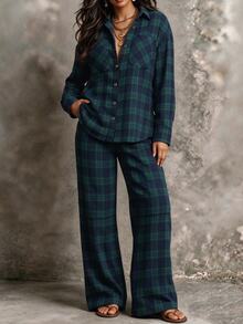 Linhara CURVE Plus Size Women's Casual Check Shirt And Pants Autumn Set Fall - Dark Green - View 7