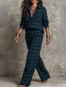 Linhara CURVE Plus Size Women's Casual Check Shirt And Pants Autumn Set Fall - Dark Green - View 4