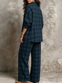 Linhara CURVE Plus Size Women's Casual Check Shirt And Pants Autumn Set Fall - Dark Green - View 2