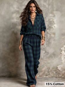 Linhara CURVE Plus Size Women's Casual Check Shirt And Pants Autumn Set Fall - Dark Green - View 1