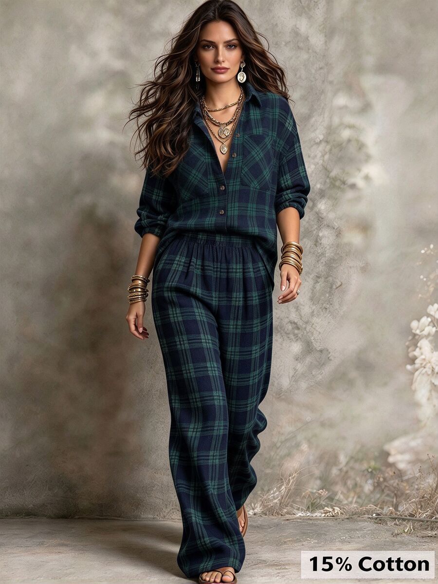 Linhara CURVE Plus Size Women's Casual Check Shirt And Pants Autumn Set Fall - Dark Green - View 1