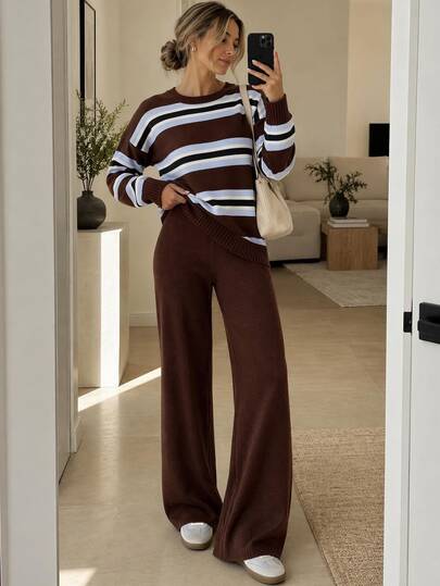 EURMUSE Women Round Neck Brown And Blue Striped Chocolate Brown Loose Fit Long Sleeve Sweater And Sweater Pant 2pcs Set Co-Ords Brunch Everyday Travel Casual