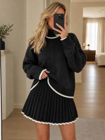 SHEIN طقم نسائي من قطعتين للخريف/الشتاء: كنزة صوفية بياقة عالية وأكمام طويلة وأكتاف منسدلة بلون سادة، وتنورة محبوكة مطوية، رمادي داكن، كاجوال بأسلوب فرنسي، مناسبة للبرانش