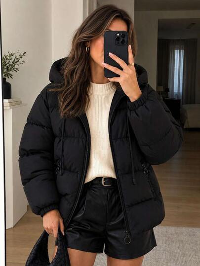 EURMUSE Manteau d'hiver noir unicolore, zippé, à capuche, décontracté, pour les voyages, le quotidien et les sorties
