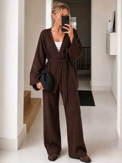 EURMUSE Women Belted Cardigan And Sweater Pant 2pcs Set Dark Brown Long Sleeve Co-Ords Lounge Autumn Minimalist Elegant City Break