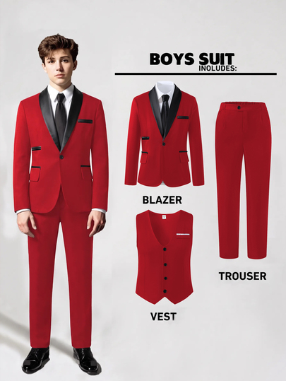 SHEIN Teen Gentleman 3 Pieces Black Contrast Collar Suit Set: Single-Layer Jacket + Slim Fit Vest + Textured Long Trousers, Premium High-End Elegant Luxurious Formal Suit For Birthday Party, Evening Event, Performance, Hosting, Wedding Season, Birthday, Wedding, Graduation