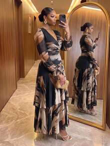 SHEIN Lady CURVE 大尺碼度假印花拼色喇叭袖洋裝，適合早午餐、雞尾酒會、正式場合、優雅婚禮賓客，海軍藍冬季休閒優雅款，黑色秋季款 - 彩色 - 查看 2
