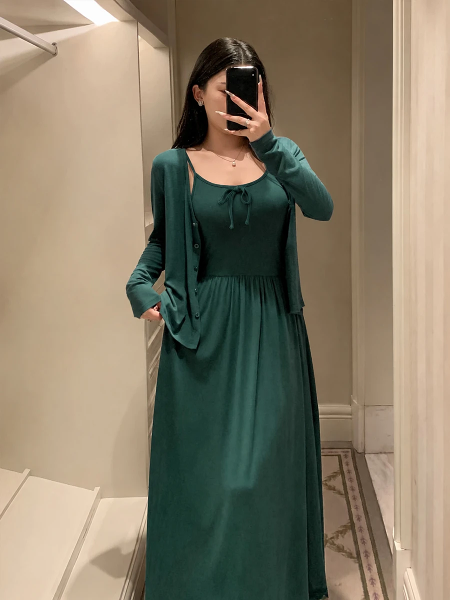 DAZY Women's Solid Color Long Sleeve Top And Skirt Casual Loungewear Set Fall - Green - View 1