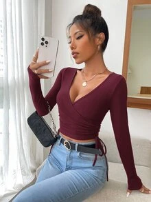 EURMUSE Surplice Neck Drawstring Side Crop Tee - Burgundy - View 6