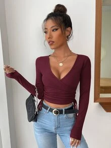 EURMUSE Surplice Neck Drawstring Side Crop Tee - Burgundy - View 8