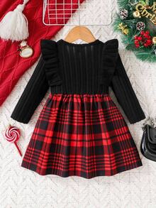 SHEIN Baby Girl Christmas Plaid Dress Rib-Knit Long Sleeve Ruffle Shoulder Bow A-Line Princess Dresses Baby Girl Holiday Party Outfit - Multicolor - View 2