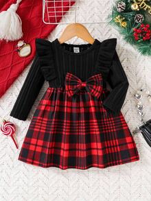 SHEIN Baby Girl Christmas Plaid Dress Rib-Knit Long Sleeve Ruffle Shoulder Bow A-Line Princess Dresses Baby Girl Holiday Party Outfit - Multicolor - View 4