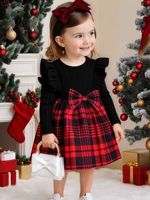 SHEIN Baby Girl Christmas Plaid Dress Rib-Knit Long Sleeve Ruffle Shoulder Bow A-Line Princess Dresses Baby Girl Holiday Party Outfit - Multicolor - View 3