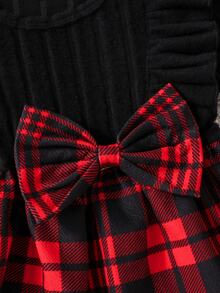 SHEIN Baby Girl Christmas Plaid Dress Rib-Knit Long Sleeve Ruffle Shoulder Bow A-Line Princess Dresses Baby Girl Holiday Party Outfit - Multicolor - View 8