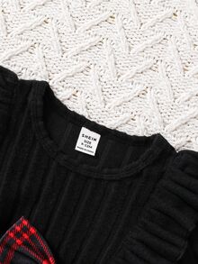 SHEIN Baby Girl Christmas Plaid Dress Rib-Knit Long Sleeve Ruffle Shoulder Bow A-Line Princess Dresses Baby Girl Holiday Party Outfit - Multicolor - View 6