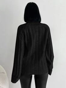 EURMUSE Women's Solid Color Raglan Sleeve Sweater - Black - View 3
