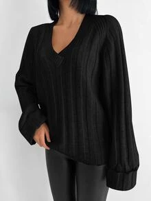 EURMUSE Women's Solid Color Raglan Sleeve Sweater - Black - View 7