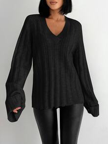 EURMUSE Women's Solid Color Raglan Sleeve Sweater - Black - View 6