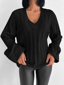 EURMUSE Women's Solid Color Raglan Sleeve Sweater - Black - View 5