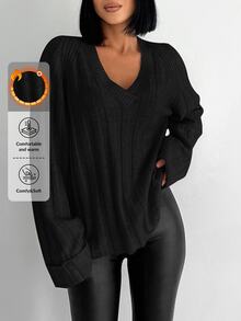 EURMUSE Women's Solid Color Raglan Sleeve Sweater - Black - View 4