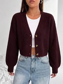 EURMUSE White Lantern Sleeve Button Front Rib Knit Cardigan - Brown - View 3