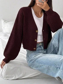 EURMUSE White Lantern Sleeve Button Front Rib Knit Cardigan - Brown - View 5