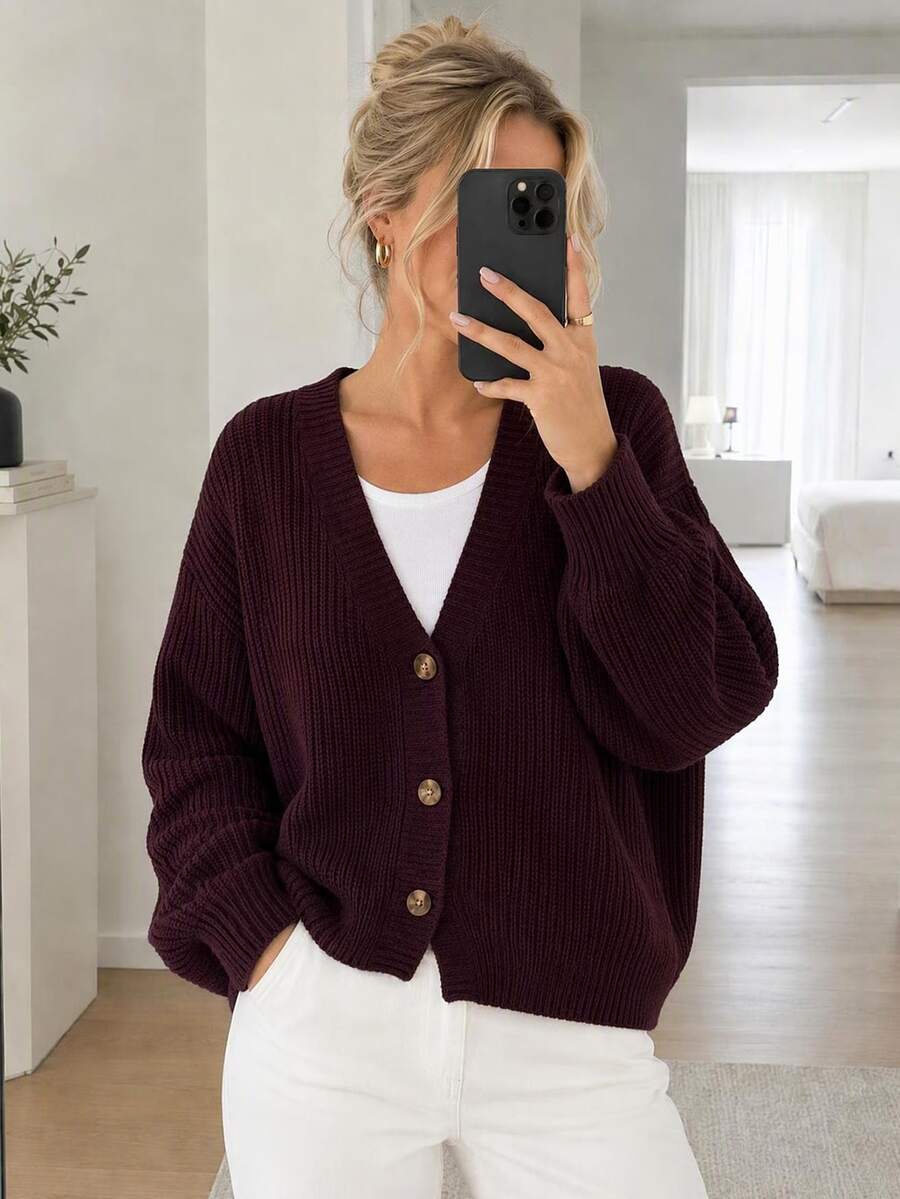 EURMUSE White Lantern Sleeve Button Front Rib Knit Cardigan - Brown - View 1