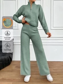 EURMUSE 2pcs Women Sweater Set: Solid Color Zipper Top And Long Pants Home Sage Green Autumn Casual - Mint Green - View 4