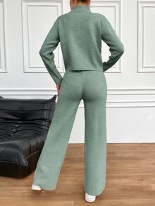 EURMUSE 2pcs Women Sweater Set: Solid Color Zipper Top And Long Pants Home Sage Green Autumn Casual - Mint Green - View 2
