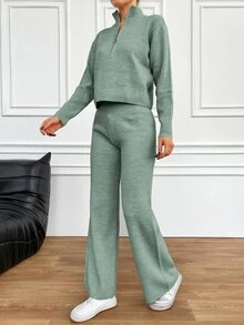 EURMUSE 2pcs Women Sweater Set: Solid Color Zipper Top And Long Pants Home Sage Green Autumn Casual - Mint Green - View 8